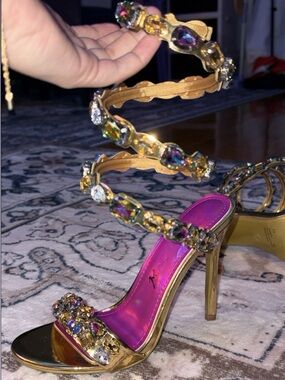 Gold High-Heel Sandal with Pink Insole and Multicolor Jewels